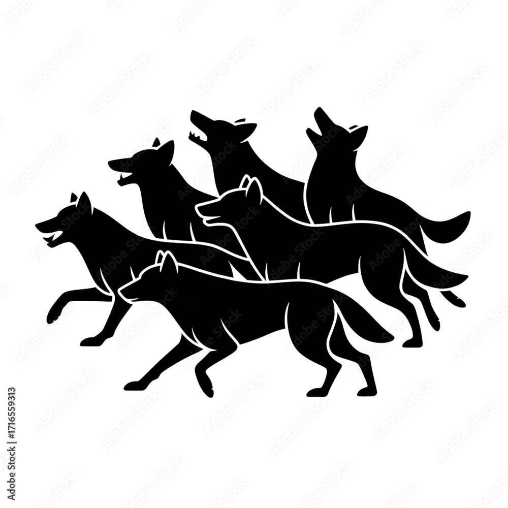 Fototapeta premium Stylized White Line Art Pack: Five Wolves Howling in the Dark, Mystical and Powerful Design