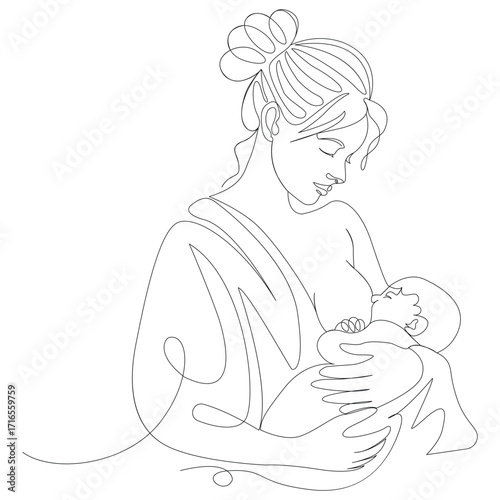 Mother breastfeeding baby continuous line art on white background nursing infant