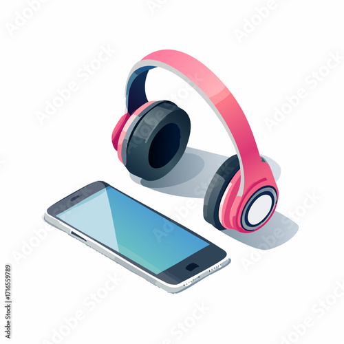 Stylish pink over-ear headphones and a modern mobile phone on a white background, illustrating the concept of personal audio and digital entertainment