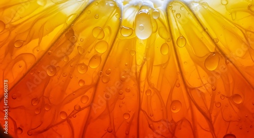 Luminous macro photograph of a backlit citrus slice with glistening juice droplets