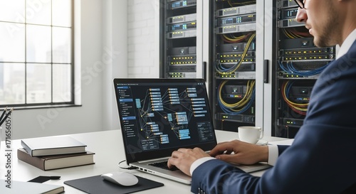 IT Professional Analyzing Data on Laptop Near Server Racks in Mo