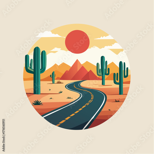 A scenic desert highway winding through a vibrant landscape with cacti and mountains under a setting sun