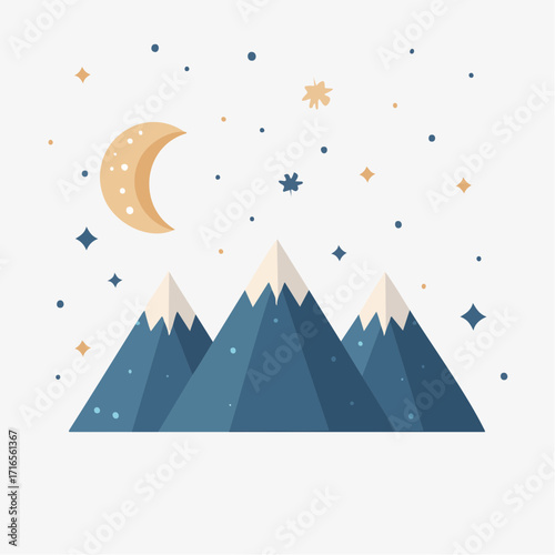Whimsical crescent moon shining over snow-capped mountains with a starry night sky, ideal for children's illustrations and celestial themes
