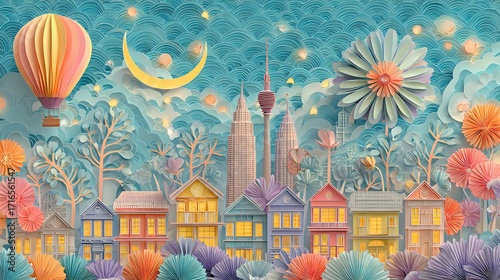 Whimsical paper-cut collage, ultra-detailed, 4K - Kuala Lumpur cityscape in broad daylight, cozy row of Malay traditional houses with warm glowing windows and tall coconut trees along the bottom third