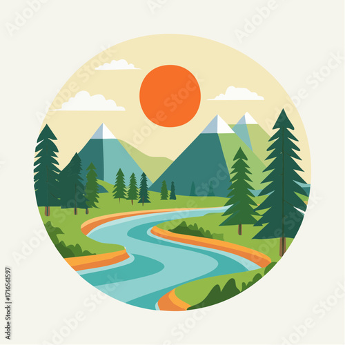 A serene mountain landscape graphic with a winding river, lush trees, and majestic peaks under a bright sun, depicting a peaceful natural vista in a stylized illustration