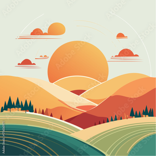 Golden Horizon A Serene Vector Landscape with Rolling Hills and a Radiant Sun