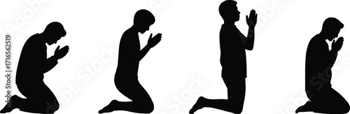 Praying person icons, kneeling silhouette set, spiritual posture graphic, meditation symbol, devotion illustration, black and white design, isolated worship vector, faith concept