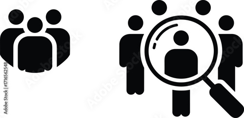 Team selection icons, recruitment symbol set, human resource graphic, candidate search vector, group management design, black and white layout, isolated people icons