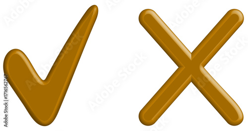 3D Golden Vector Check Mark and X Mark Icons