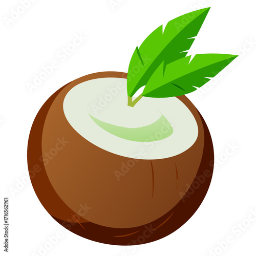 Fresh coconut with vibrant green leaves, perfect for summer promotions, healthy recipes, and tropical themes, originally a scalable vector graphic for versatile design projects