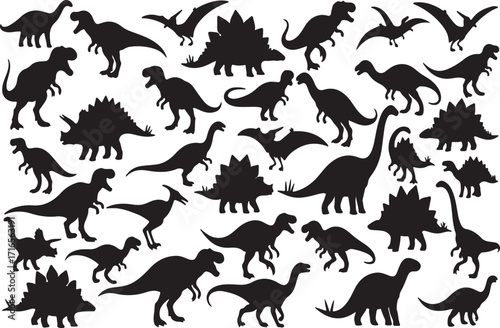 Dinosaur Silhouettes Vector Background | Prehistoric Animal Shapes for Children's Design, Educational Materials and Jurassic Park Themed Party Decorations