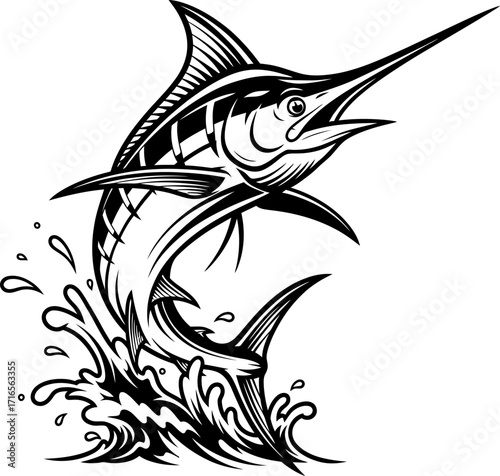 A black and white marlin fish leaps forward with its distinctive spearlike snout,  Marlin Striped Vector 