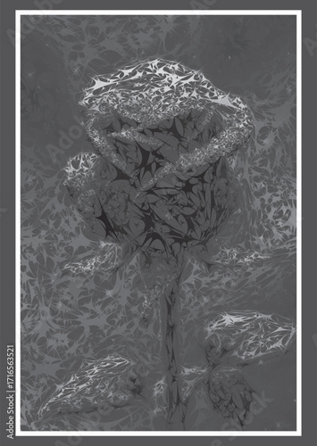 Gothic Spiderweb Rose: A dark abstract monochrome digital artwork. Intricate black and white floral illustration with a melancholic, frosty, and eerie aesthetic.