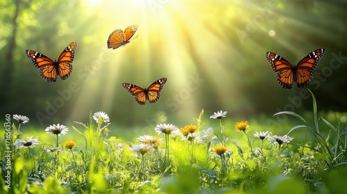 Vibrant Monarch Butterflies in Sunlit Meadow with Colorful Flowers