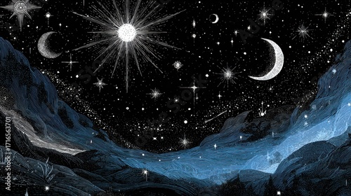 Ethereal Night Sky with Stars, Moons, and Celestial Elements
