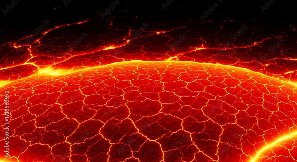 Fototapeta premium Fiery molten lava surface with glowing cracks and intense heat radiating outward