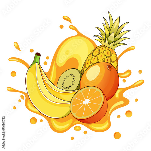 Banana, Pineapple, Orange, Kiwi and Mango Fruit Splash Illustration