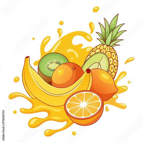 Banana, Pineapple, Orange, Kiwi and Mango Fruit Splash Illustration