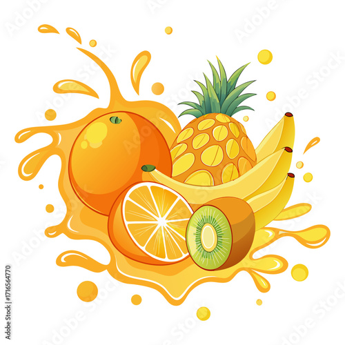 Banana, Pineapple, Orange, Kiwi and Mango Fruit Splash Illustration