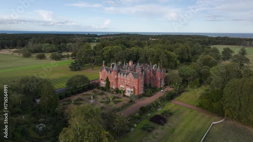 Tyninghame House over River Tyne from a drone, East Lothian, Scotland