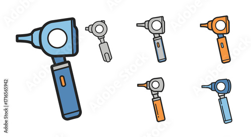 A colorful set of stylized otoscope medical instrument illustrations with bold black outlines.