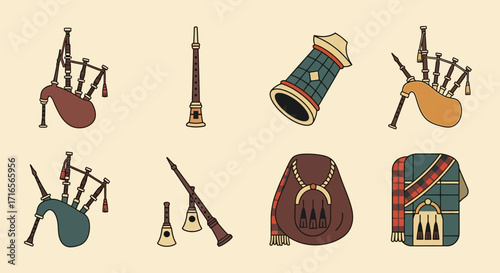 A colorful illustrated set of traditional Scottish cultural items, including bagpipes, a kilt, a sporran, and a drum.
