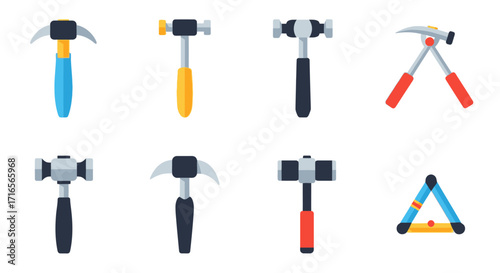 A colorful vector set of various construction and geology hammers and a folding ruler.