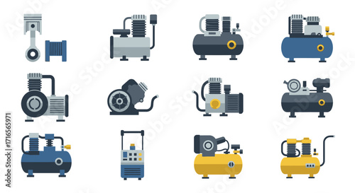 A diverse collection of flat design air compressor and pneumatic equipment vector icons.
