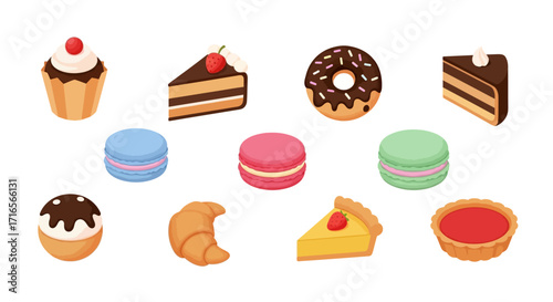 Assorted Delicious Pastries and Sweets - Cupcakes, Cakes, Macarons, Doughnuts, and Pies.