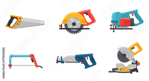 Assorted Power and Hand Saws - Carpentry Tools Collection, Various Styles and Colors.