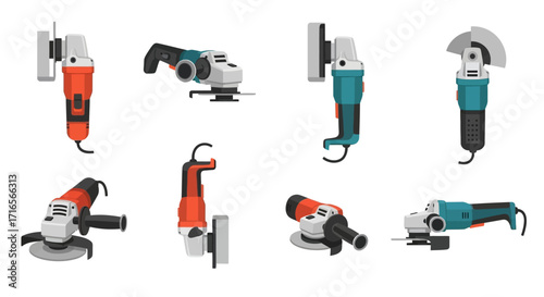 Assortment of Various Angle Grinders in Different Colors and Designs.