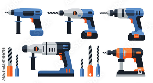 Collection of Blue and Orange Rotary Hammers with Drill Bits.