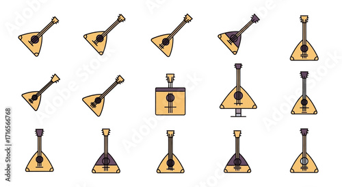 Collection of Balalaika Musical Instruments with Triangular Bodies and Long Necks.