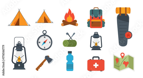 Collection of Camping and Outdoor Adventure Gear Icons.