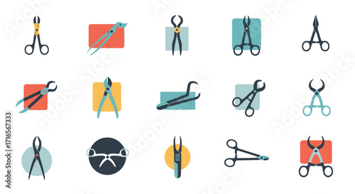 Collection of colorful flat design icons depicting various medical forceps, surgical clamps, and dental extraction tools.