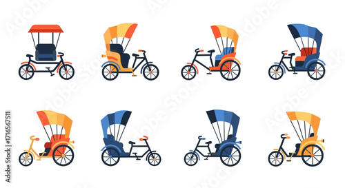 Collection of Colorful Rickshaws - Variety of Styles and Designs, Classic Transportation.
