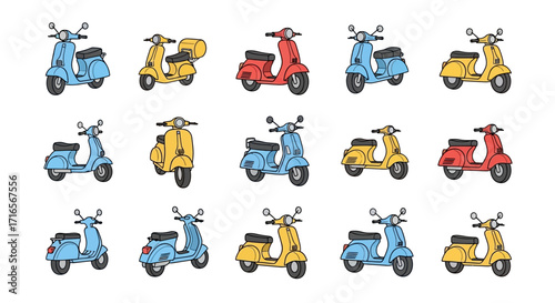 Collection of Colorful Vintage Scooters in Various Styles and Colors, Side View.