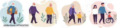 Cartoon diverse people, elderly characters, walker support, wheelchair user, family care, aging support, disability aid, healthcare, inclusion, mobility, independence, physical therapy