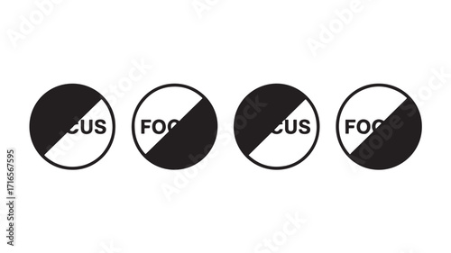 Four abstract circles with alternating black and white halves displaying the word FOCUS and FOG representing duality balance and choice