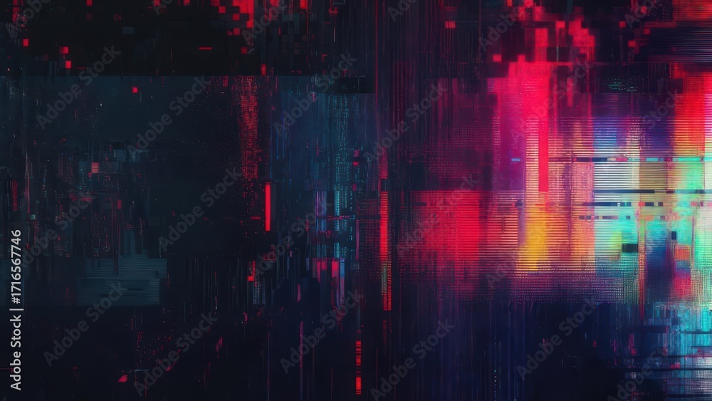 Fototapeta premium Vibrant digital glitch art with neon lights and futuristic cityscape textures, perfect for tech.