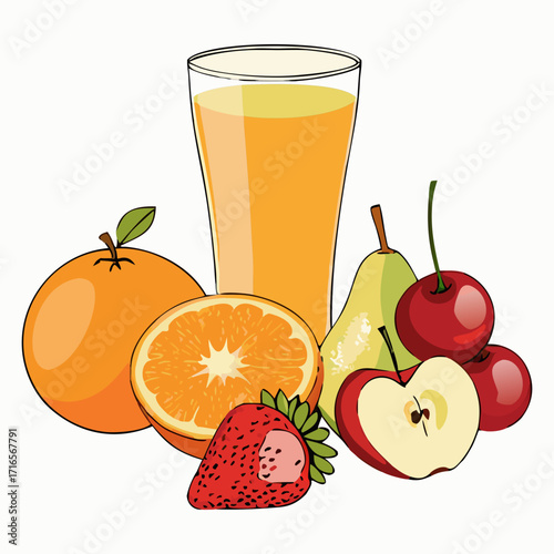 Fresh Juice Glass with Colorful Fruits - Vector Illustration