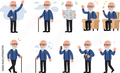 Cartoon elderly man, senior character, walking cane, smartphone use, reading newspaper, waving, sitting pose, aging support, retirement, healthcare, independence, old age
