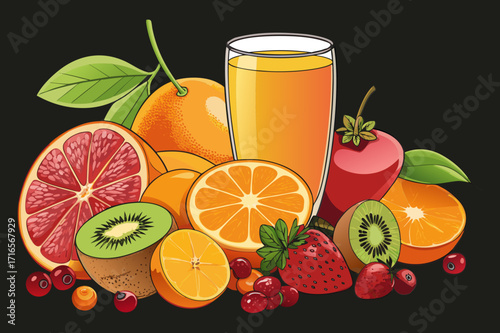 Fresh Juice Glass with Colorful Fruits - Vector Illustration