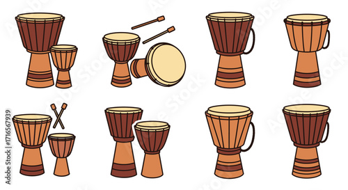 Collection of Hand-Drawn African Djembe Drums with Various Styles and Designs.