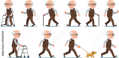 Cartoon elderly man, walker, cane, walking unaided, dog walking, mobility progression, aging support, physical therapy, senior lifestyle, healthcare, independence, rehabilitation, elder care