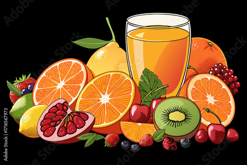 Fresh Juice Glass with Colorful Fruits - Vector Illustration