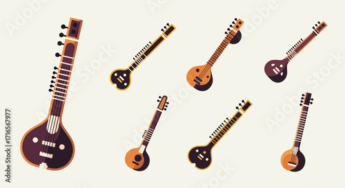 Collection of Indian Sitar Musical Instruments, Various Angles and Styles.