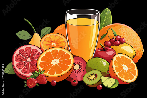 Fresh Juice Glass with Colorful Fruits - Vector Illustration