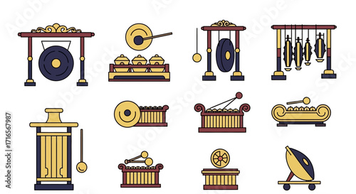 Collection of Indonesian Gamelan Musical Instruments, Traditional Style, Detailed Line Art.