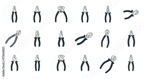 Collection of monochrome pliers, nippers, and cutters hand tool icons. Simple line art style illustrations in various poses.
